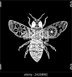 Style Zentangle. Illustration noir et blanc d'une abeille cosmique. La craie sur un tableau noir. Illustration de Vecteur
