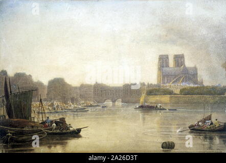 Notre Dame, aquarelle de Frederick Nash (1782-1856) peintre anglais. Vue sur la Seine vers l'est de la Cathédrale Notre Dame, Paris, avec des péniches et bateaux à rames à l'avant-plan. Banque D'Images
