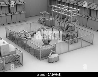 Le rendu de l'argile lourde passant de robot mobile cellule robot payload en usine. Le rendu 3D image. Banque D'Images