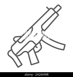 L'icône de la ligne fine mitraillette, de l'armée et de l'armée, signe d'armes à feu, le vectoriel, un motif linéaire sur un fond blanc. Illustration de Vecteur