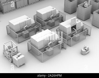 Le rendu d'argile de robots mobiles Cellules robot CNC de passage en usine. Smart factory concept. Le rendu 3D image. Banque D'Images