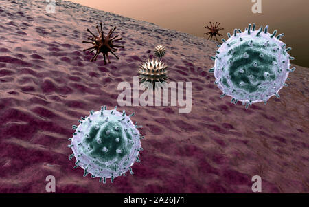 Virus et des macrophages, des macrophages en rendu 3D et de virus, à l'intérieur du corps humain, l'arrière-plan vidéo médicale, les virus dans le corps humain Banque D'Images