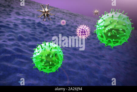 Virus et des macrophages, des macrophages en rendu 3D et de virus, à l'intérieur du corps humain, l'arrière-plan vidéo médicale, les virus dans le corps humain Banque D'Images