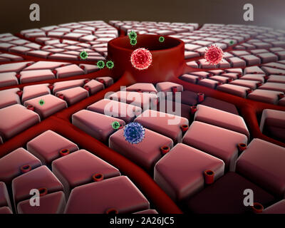 Virus pénètre dans la cellule, les maladies du foie, attaque de virus les poumons, le processus d'infecter les cellules Banque D'Images