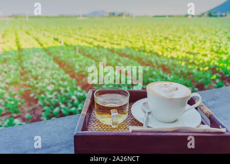 Café chaud dans une tasse blanche et le thé chinois pour une pause détente pour les agriculteurs dans l'après-midi sur la terrasse dans le kale ferme. Banque D'Images