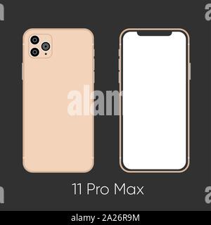 Nouveau smartphone 11 Pro Max Gold deux côtés isolé sur fond noir Illustration de Vecteur