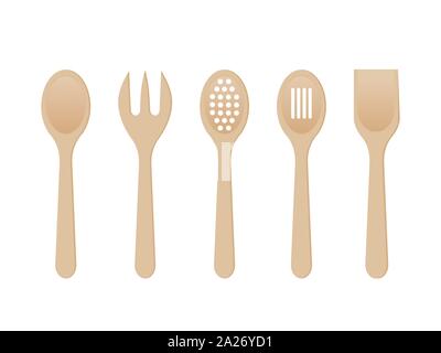 Cuillères en bois sur fond blanc. Cuillère à mélange, spatule, fourchette, la crépine. Des ustensiles de cuisine en bois. Jeu de cuisine. Concept de cuisson. Vector Illustration de Vecteur