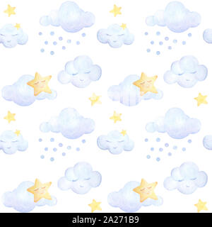 Bébé sans motif. Les enfants s'imprime. L'aquarelle. Des nuages bleu clair, étoiles, cercles de couchage. Arrière-plan blanc. La qualité d'impression Banque D'Images