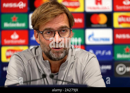 Manager de Liverpool Jurgen Klopp parle lors de la conférence de presse à Anfield, Liverpool. Banque D'Images