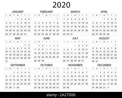 Mise en page simple calendrier pour 2020. Commence la semaine du dimanche, business template. Vector illustration Illustration de Vecteur