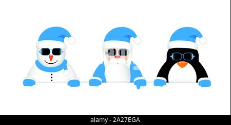 Snowman santa et cool penguin cartoon avec des lunettes en bleu vêtements vector illustration EPS10 Illustration de Vecteur