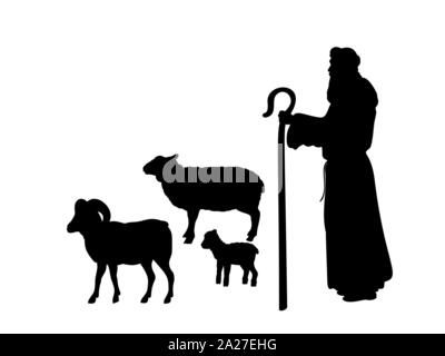 Maison de vacances de Noël Nativité silhouettes. Berger fait paître les moutons du troupeau. Illustration Illustration de Vecteur