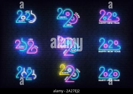 Nouvel An 2020 Neon. Maison de vacances hiver typographie lettrage logo néon lumineux fixé pour nouvel an 2020. Illustration de Vecteur