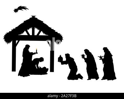 Silhouettes de vacances de Noël. Sages s'inclina devant le Christ. Vector illustration Illustration de Vecteur