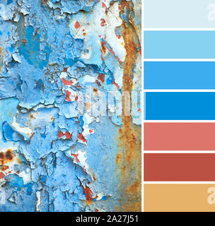 La palette des couleurs de l'image en gros plan de rusty grunge texture bleu-marron plaque de métal avec de la peinture Banque D'Images