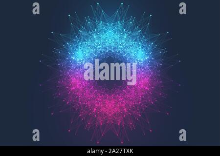 La technologie de l'ordinateur quantique concept. Explosion sphère arrière-plan. L'apprentissage en profondeur de l'intelligence artificielle. Algorithmes de big data visualization. Débit d'ondes Illustration de Vecteur