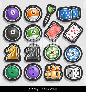 Vector set de jeu et équipement, collection de boules de billard, fléchettes, flèche cube pour le craps, jeu de cartes, échecs, jetons pour le casino, Illustration de Vecteur