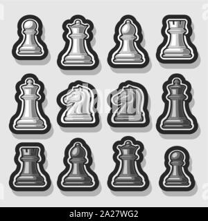 Vector set de pièces d'échecs, collection de 12 Blanc et noir argent isolé des chiffres, classic King & Queen, contours évêque et Knight, monochrom Illustration de Vecteur