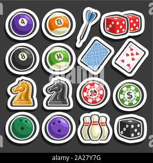 Vector set de jeu et équipement, collection de boules de billard, fléchettes, cubes de flèche pour le craps, jeu de cartes, échecs, jetons pour le casino Illustration de Vecteur