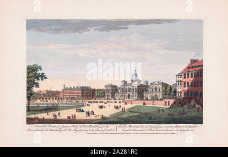 Vue du défilé de Saint James Park, les nouveaux bâtiments de la cavalerie de la garde, l'Amirauté avec Sa Majesté aller à la Chambre des Lords Etc. D'une gravure de Thomas Bowles daté 1753 après une œuvre de Canaletto. La colorisation plus tard. Banque D'Images