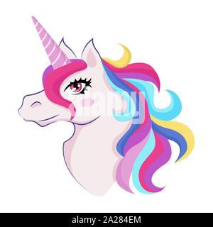 Licorne magique avec corne colorée et manes, icône decor girl prix intérieur ou de l'anniversaire, d'un insigne ou un autocollant, vector Illustration de Vecteur