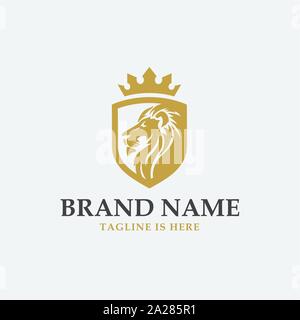 Bouclier lion logo de luxe élégant, l'icône du bouclier lion logo design illustration, tête de lion avec logo en couronne, symbole du bouclier lion Illustration de Vecteur