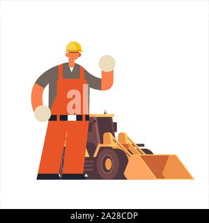 Homme builder wearing hard hat occupé workman, debout près de la pelle du tracteur industriel lourd construction worker in uniform building concept télévision pleine Illustration de Vecteur