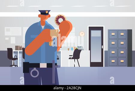 Les beignes et du café avec l'agent de police en uniforme ayant autorité de sécurité déjeuner service droit et justice moderne concept d'intérieur service de police Illustration de Vecteur