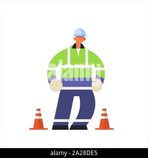 Homme builder wearing hard hat occupé workman date de construction industrielle pose en uniforme de travail concept construction pleine longueur à plat Illustration de Vecteur