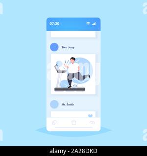 Femme obèse gras s'exécutant sur un tapis roulant d'entraînement cardio-training overweight girl concept de perte de poids de l'écran du smartphone application mobile en ligne télévision pleine Illustration de Vecteur