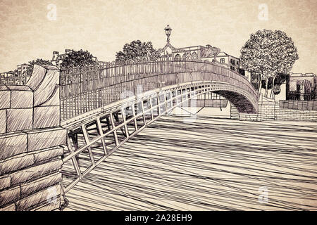 Le plus célèbre pont de Dublin appelé "demi-penny Bridge" à cause de la ligne sans frais facturés pour l'adoption - main libre de droit concept croquis Banque D'Images