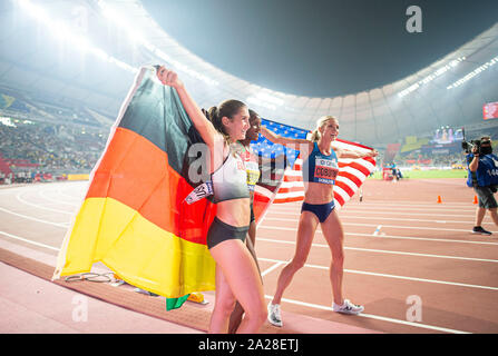 Doha, Qatar. 30Th Sep 2019. De gauche à droite Gesa Felicitas Krause (Allemagne/3e place), vainqueur Joseph CHEPKOECH (KEN/1e place), Emma COBURN (USA/2e place finale) 3000m obstacle pour les femmes, sur 30.09.2019 Championnats du monde d'athlétisme 2019 à Doha/Qatar, à partir de la 27.09. - 10.10.2019. Utilisation dans le monde entier | Credit : dpa/Alamy Live News Crédit : afp photo alliance/Alamy Live News Banque D'Images