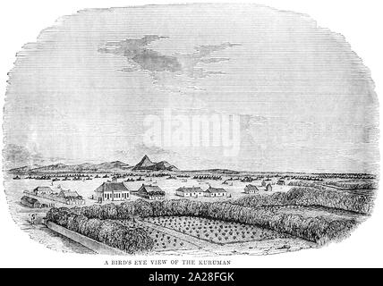 Une illustration d'une vue à vol d'oiseau de l'Kuruman en Afrique du Sud numérisées à haute résolution à partir d'un livre de Robert Moffat imprimé en 1842. Banque D'Images