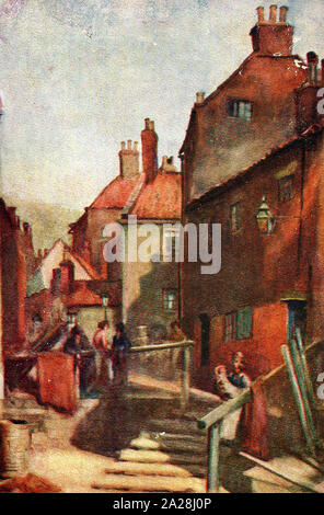 Une très vieille carte postale couleur montrant Tate Hill, Whitby, North Yorkshire, UK, comme c'était dans les premiers temps. avec les étapes menant à Tate Hill Pier et sands Banque D'Images