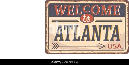 Vintage tin sign avec nous ville. Atlanta. vieille carte postale des modèles sur fond rouille. Illustration de Vecteur