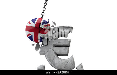 UK flag ball smashing un symbole de l'Euro (€). 3D Render Banque D'Images