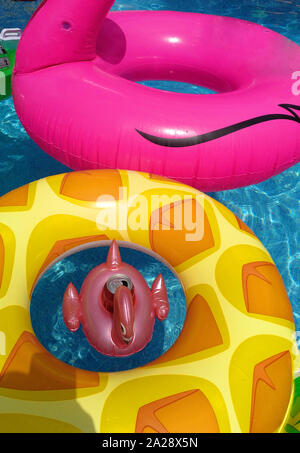 Ananas gonflable ring floating in swimming pool Banque D'Images