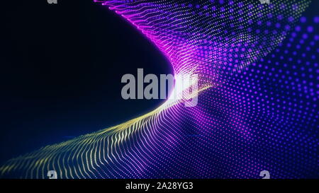 La surface des particules numériques. Résumé des points isolés de flou artistique rougeoyant futuriste avec ondulations simuler un flux de données en mouvement. Le cyberespace network concept Banque D'Images