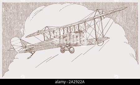 Biplan biplace historique vol face à un grand cumulus. Après une illustration la lithographie du début du xxe siècle Illustration de Vecteur