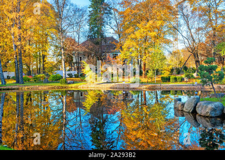 Paysage avec jardin japonais de pierres dans le parc Kadriorg à automne doré. Tallinn, Estonie Banque D'Images