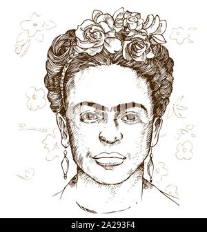 Portrait dessiné à la main kahloi illustration de Frida. Illustration de Vecteur