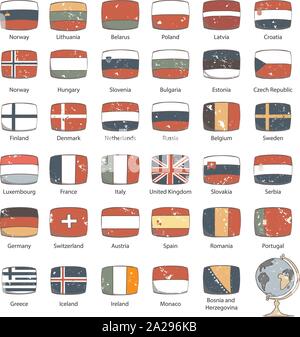 Situé pavillon européen. L'icône dessin animé. Collection dessiné à la main des drapeaux. Grunge style vector. Clip art de countrys drapeau europe Illustration de Vecteur
