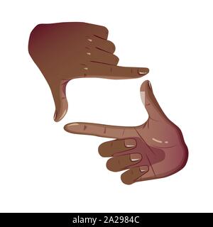 Les mains noires de culture châssis geste. L'ossature plate horizontale mains recadrage. African American mains prendre mire comme prise de vue caméra mobile. Vector Color concept isolé sur fond blanc. Illustration de Vecteur