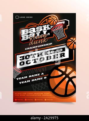 Sport Basket-ball Flyer vecteur. Carte verticale Poster Design pour le Sport Bar Promotion. Flyer de tournoi. Cadre de l'illustration. Illustration de Vecteur