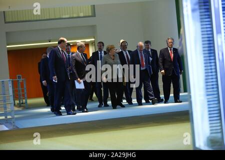 Berlin, Allemagne. 06Th Oct, 2019. La chancelière Angela Merkel lors de la conférence de presse de la chancellerie fédérale. La photo montre l'administrateur. David Lipton, directeur du FMI, Secrétaire général de l'OCDE, Angel Gurría, Secrétaire général de l'OMC, Roberto, M. Azevêdo, Secrétaire général de l'OIT, Guy Ryder et le président de la Banque mondiale, David Malpass. (Photo par Simone Kuhlmey/Pacific Press) Credit : Pacific Press Agency/Alamy Live News Banque D'Images