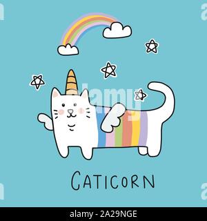 Caticorne (chat unicorn) dessin animé arc-en-ciel scénario style doodle Illustration de Vecteur