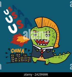 Godzilla USA Chine attaque cartoon vector illustration Illustration de Vecteur