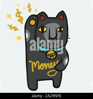 Lucky Cat Noir Et Blanc Porte Bonheur Japonais Cartoon Vector Illustration Style Doodle Image Vectorielle Stock Alamy