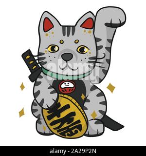 Samouraï Tabby chat chanceux avec mot japonais signifie dessin animé chanceux illustration vectorielle Illustration de Vecteur