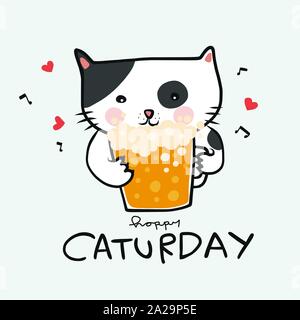 Happy Caturday chat avec bière dessin animé Doodle illustration vectorielle Illustration de Vecteur